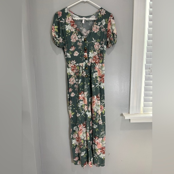 Xhilaration Green Floral Button Up Jumpsuit Size S Summer Flowy Wide Leg - Picture 1 of 10